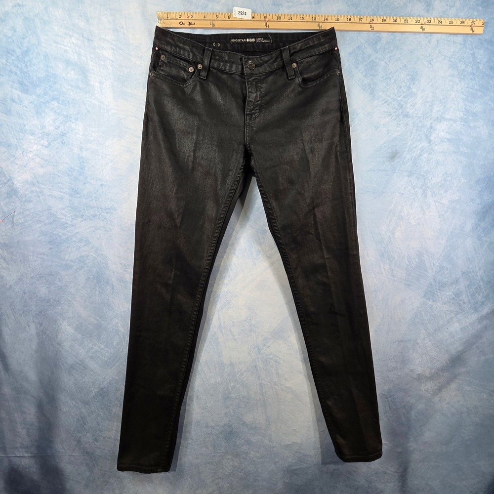 Big Star 1974 Alex Mid Rise Skinny Jeans Black Coated Waxed Denim Womens Size 28